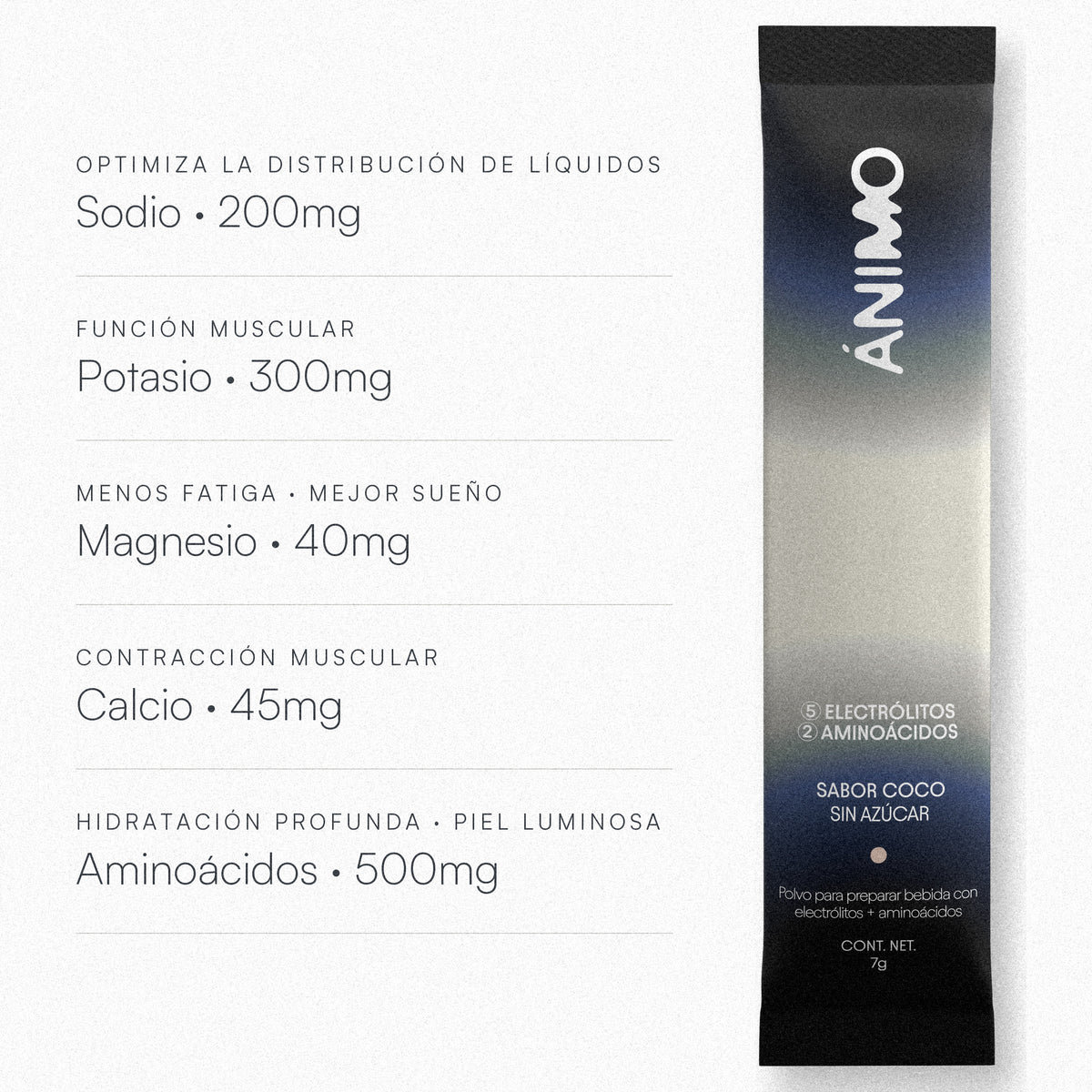 ÁNIMO Coco — 200mg sodio, 300mg potasio, 40mg magnesio, 45mg calcio y 500mg aminoácidos por stick