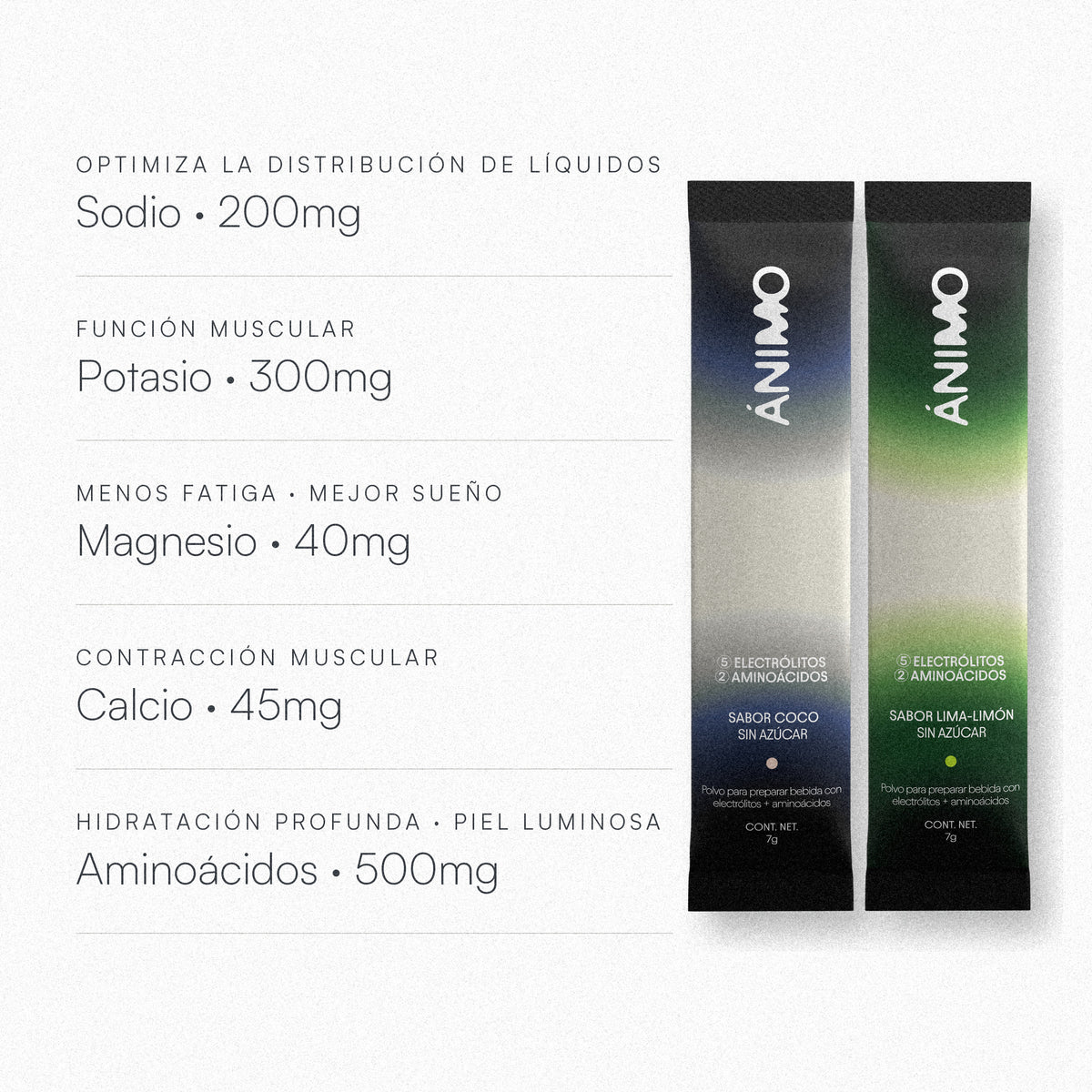 DUO ÁNIMO — 200mg sodio, 300mg potasio, 40mg magnesio, 45mg calcio y 500mg aminoácidos por stick