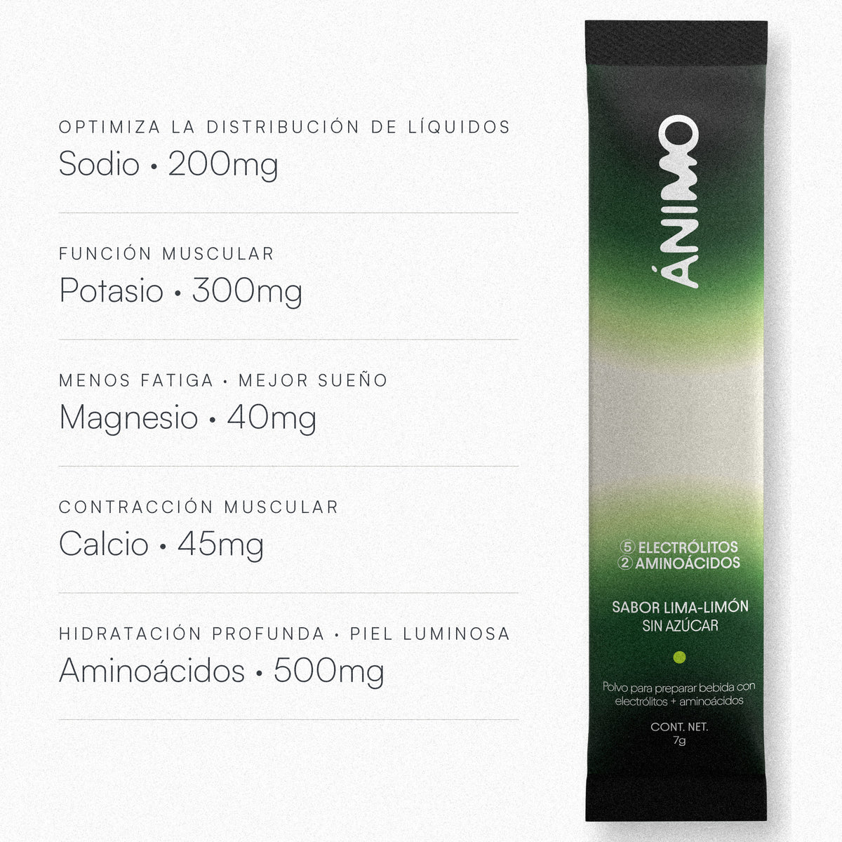 ÁNIMO Lima Limón — 200mg sodio, 300mg potasio, 40mg magnesio, 45mg calcio y 500mg aminoácidos por stick
